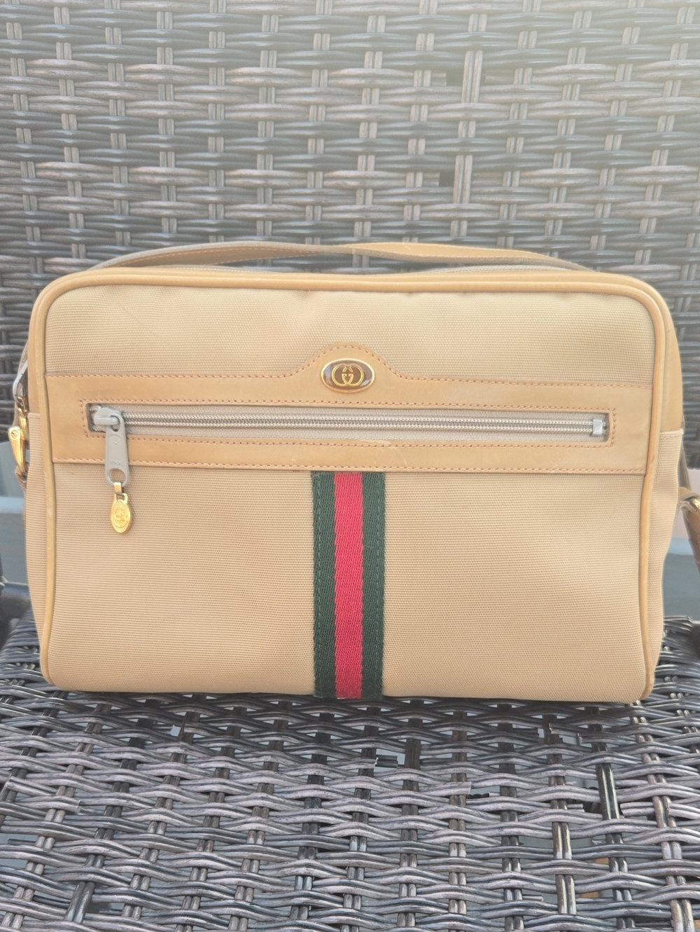 Gucci Beige Canvas & Leather Messenger Bag with Signature Web Stripe